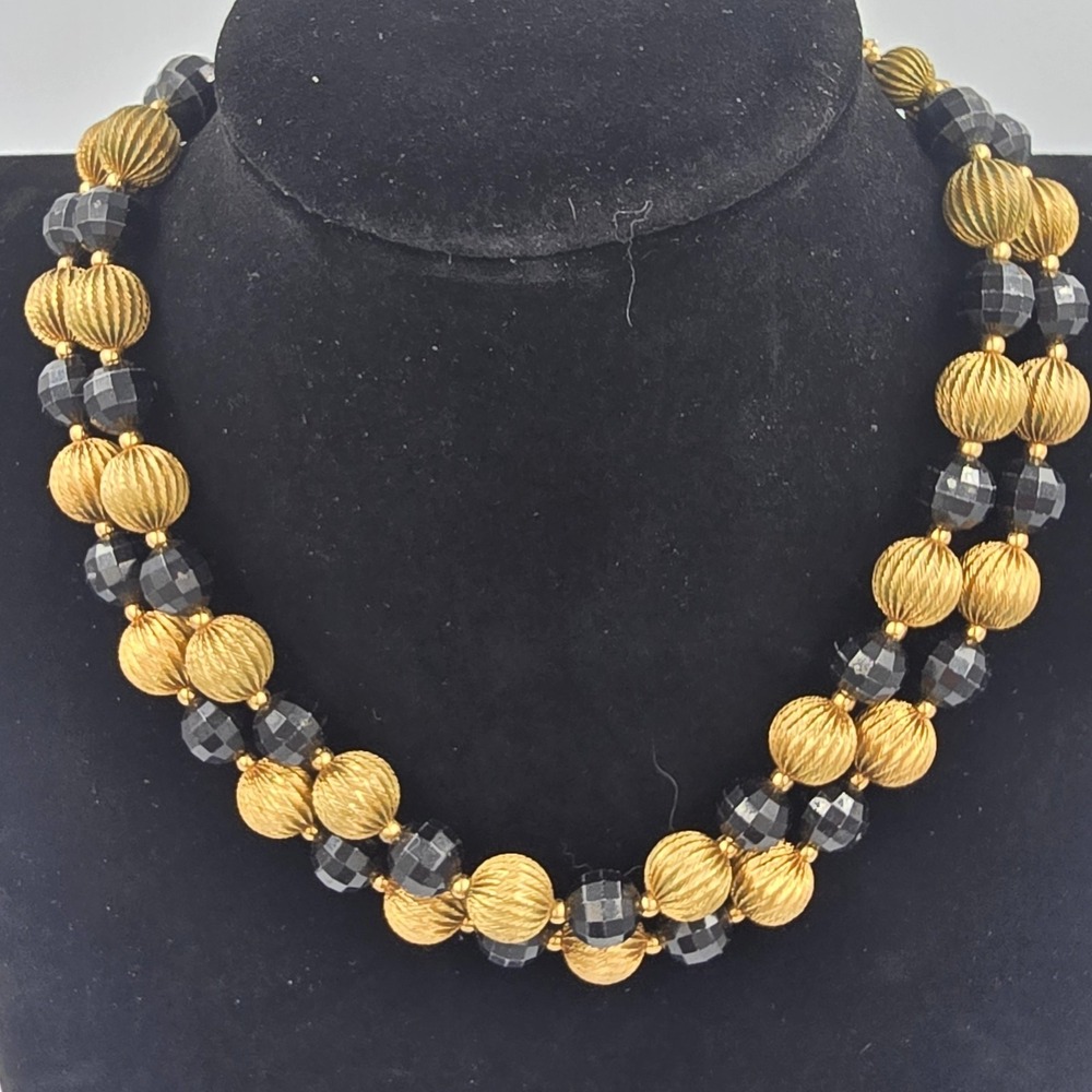 Vintage Black and Gold tone Bead Necklace Double Strand Faceted Classic Dressy - Picture 4 of 9
